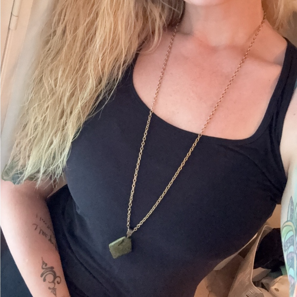 Earthy Green Natural Gemstone Pendant Necklace with Gold-Tone Chain